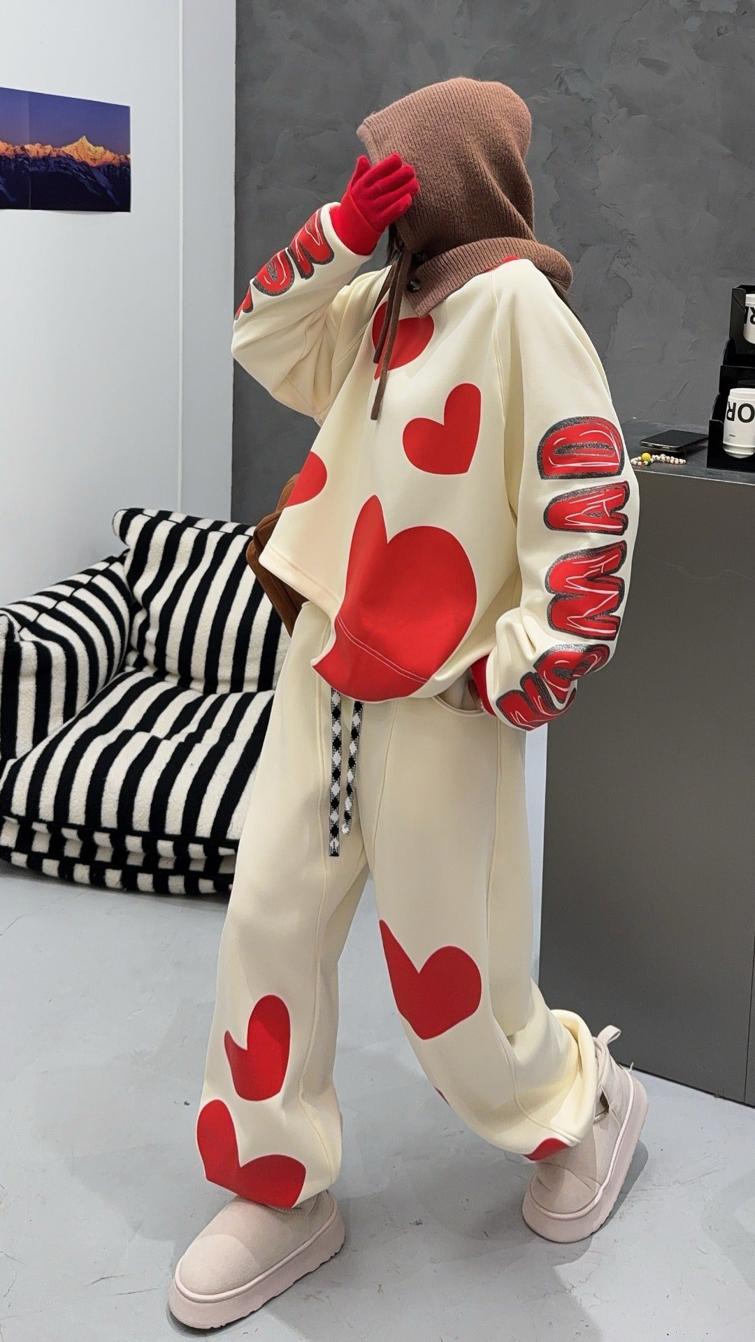 🄶🅁🄾🅄🄽🄳♾🅉🄴🅁🄾25-26SS♾無性別穿搭OverSize美式新款滿版油漆心心圓領長袖運動4色套裝(加厚加絨)🔥