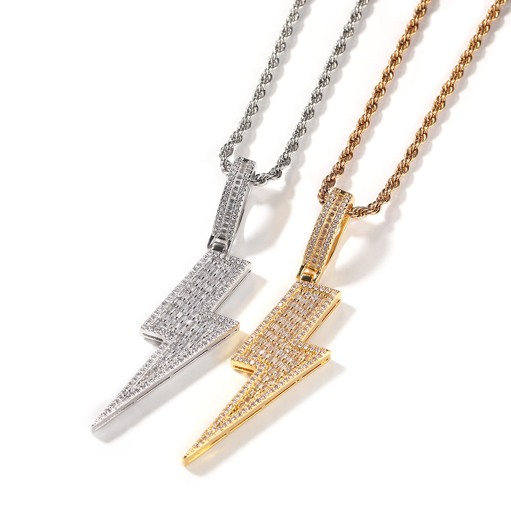 Flexing精品✥𝔾𝕣𝕠𝕦𝕟𝕕ℤ𝕖𝕣𝕠®✥歐美嘻哈長款閃電滿鑽不鏽鋼吊飾中性男女街頭項鍊