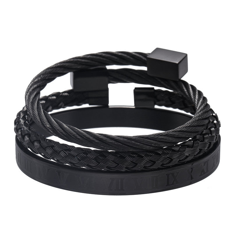 Flexing精品2023✥𝔾𝕣𝕠𝕦𝕟𝕕ℤ𝕖𝕣𝕠®✥歐美嘻哈時尚百搭羅馬字體編織方塊手環三件組中性手環飾品