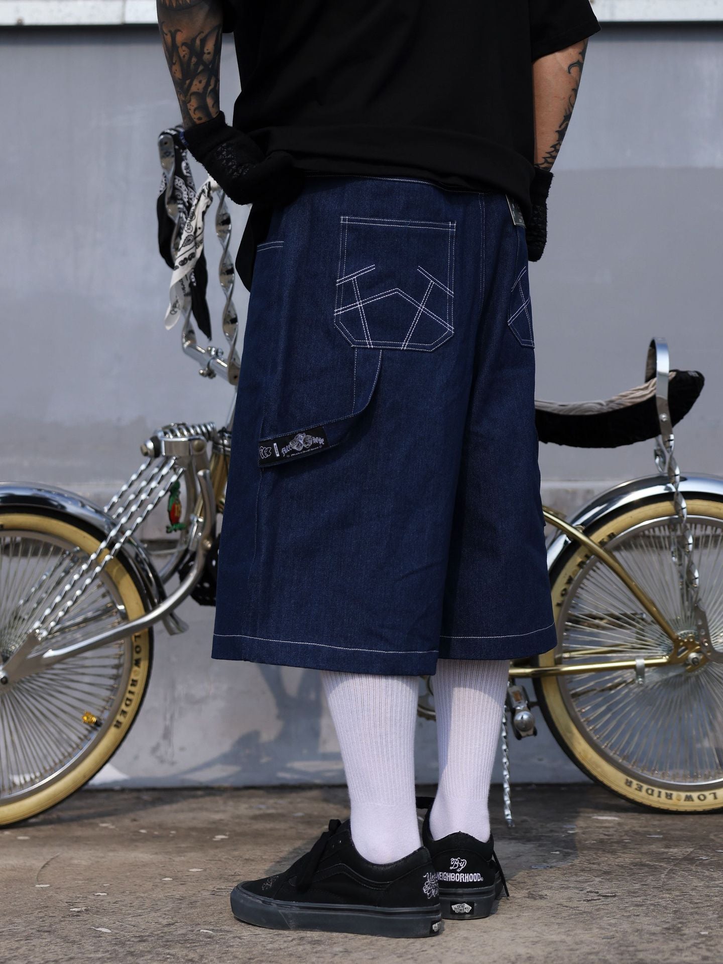 𝔾𝕣𝕠𝕦𝕟𝕕ℤ𝕖𝕣𝕠🎭♠墨西哥♠匪幫⚂2024⚅美式嘻哈寬鬆經典牛仔電繡膝下褲七分褲