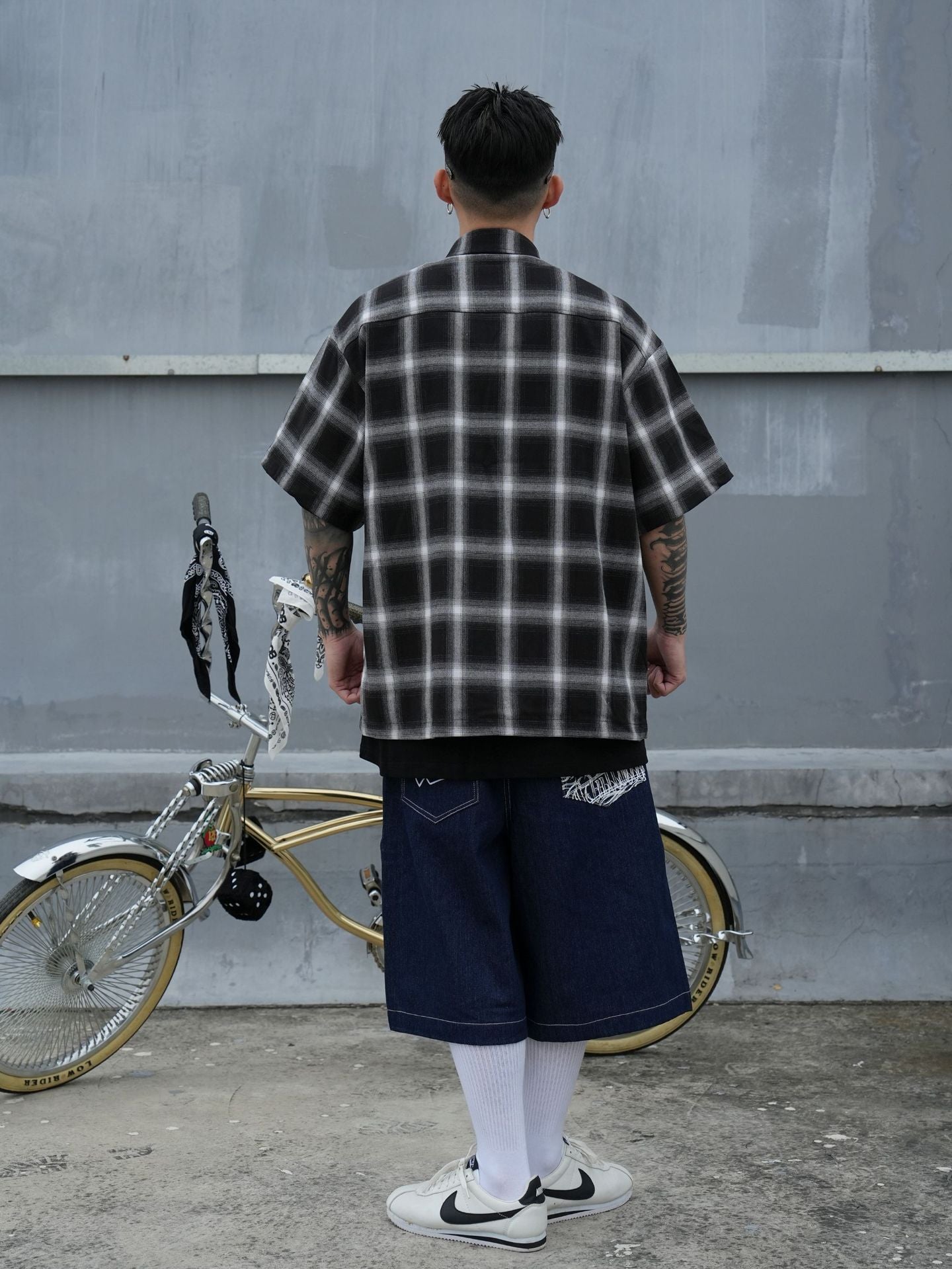 𝔾𝕣𝕠𝕦𝕟𝕕ℤ𝕖𝕣𝕠🎭♠墨西哥♠匪幫⚂2024⚅美式嘻哈寬鬆上衣翻領口袋格紋短袖襯衫