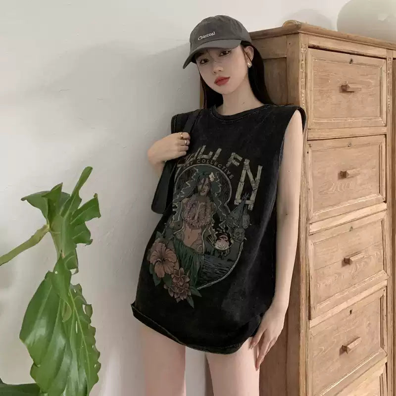 ♠ 𝔾𝕣𝕠𝕦𝕟𝕕ℤ𝕖𝕣𝕠♠美式風格夏日新款水洗厚磅數海島女郎坎肩無袖背心T-Shirt