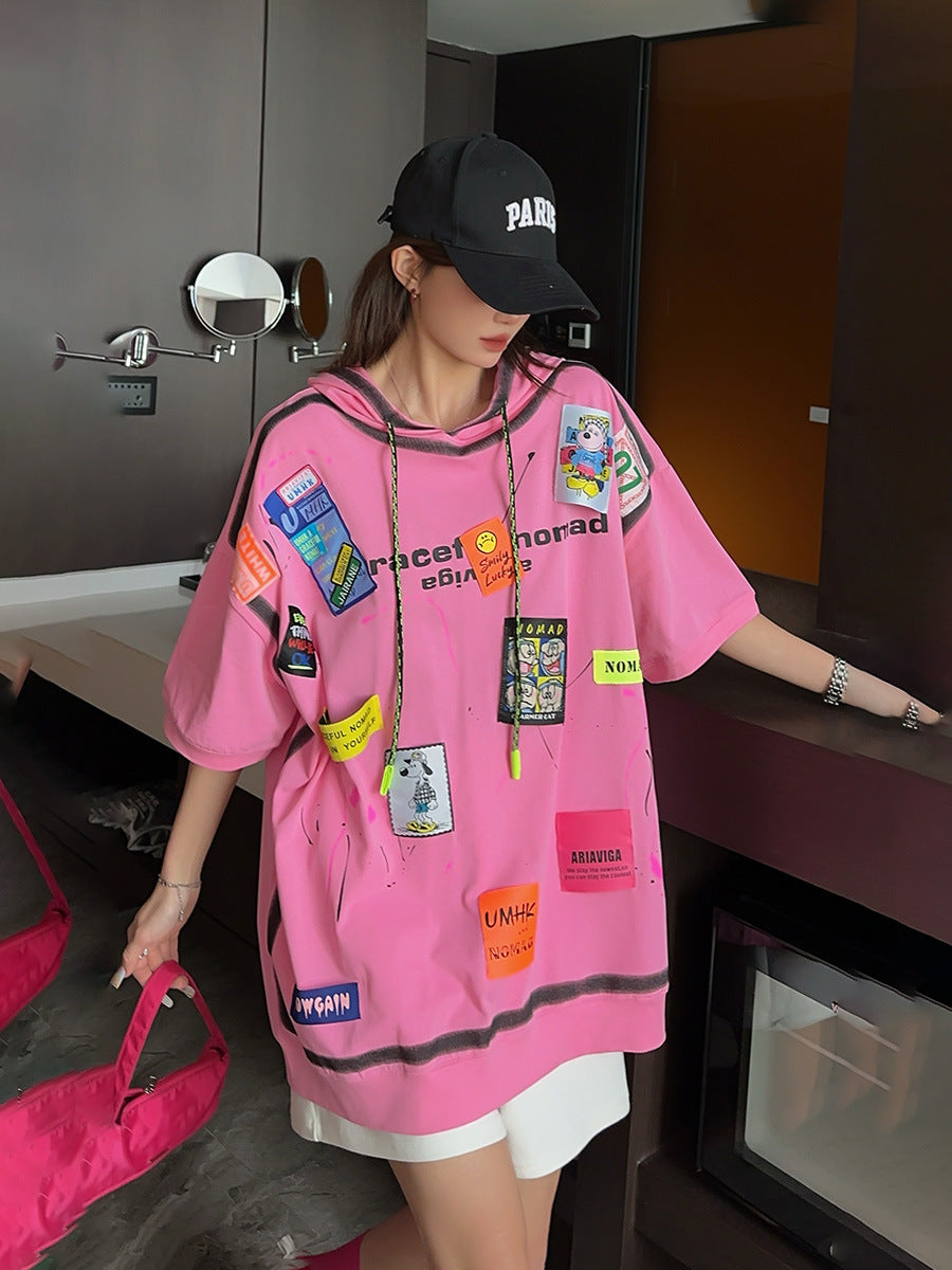 🄶🅁🄾🅄🄽🄳♾🅉🄴🅁🄾2025♾無性別穿搭OverSize早春新款美式中性卡通貼布連帽短袖T-SHIRT(現貨)
