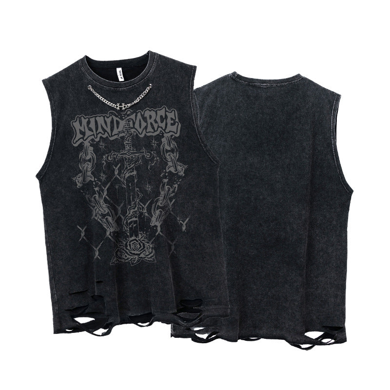 ♠𝔾𝕣𝕠𝕦𝕟𝕕ℤ𝕖𝕣𝕠♠美式風格夏日新款水洗破壞厚磅數胸鏈鎖鏈聖劍坎肩無袖背心