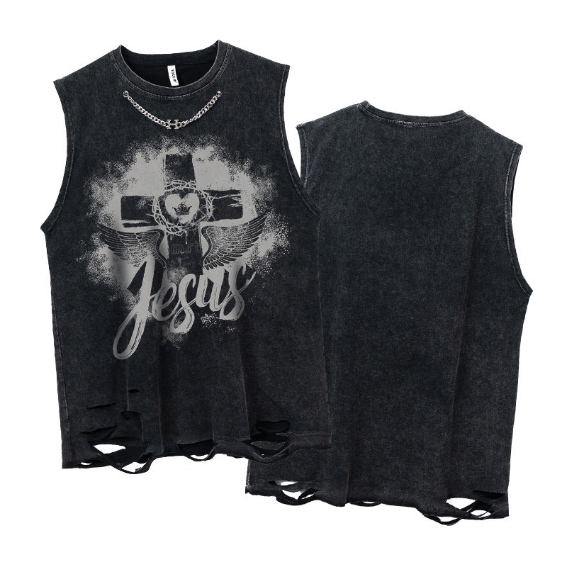 ♠𝔾𝕣𝕠𝕦𝕟𝕕ℤ𝕖𝕣𝕠♠美式風格夏日新款水洗破壞厚磅數胸鏈荊棘十字坎肩無袖背心