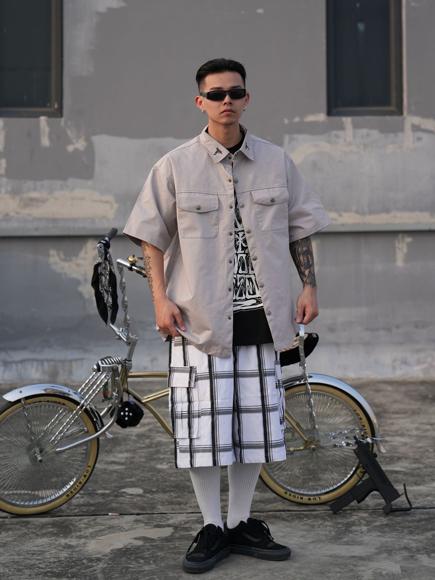 𝔾𝕣𝕠𝕦𝕟𝕕ℤ𝕖𝕣𝕠🎭♠墨西哥♠匪幫⚂2024⚅美式嘻哈寬鬆上衣經典翻領烏茲衝鋒重磅數工作短袖襯衫