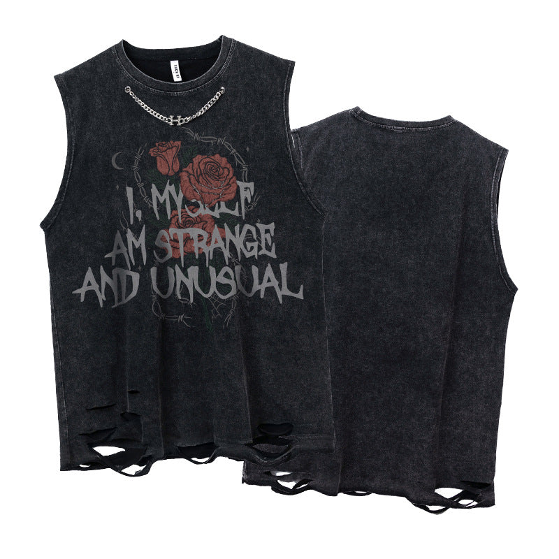 ♠𝔾𝕣𝕠𝕦𝕟𝕕ℤ𝕖𝕣𝕠♠美式風格夏日新款水洗破壞厚磅數胸鏈文字玫瑰坎肩無袖背心