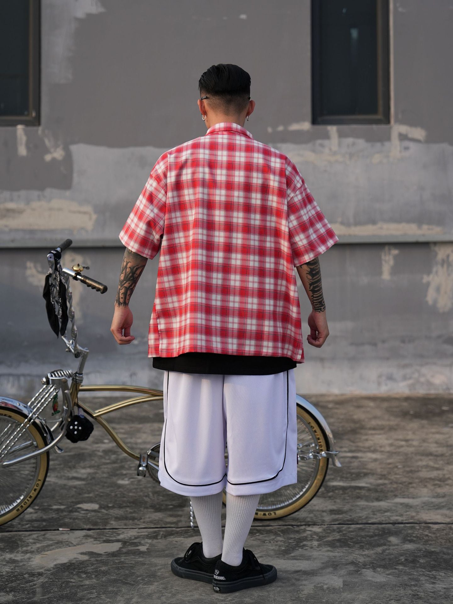 𝔾𝕣𝕠𝕦𝕟𝕕ℤ𝕖𝕣𝕠🎭♠墨西哥♠匪幫⚂2024⚅美式嘻哈寬鬆上衣雙口袋電繡格紋短袖襯衫