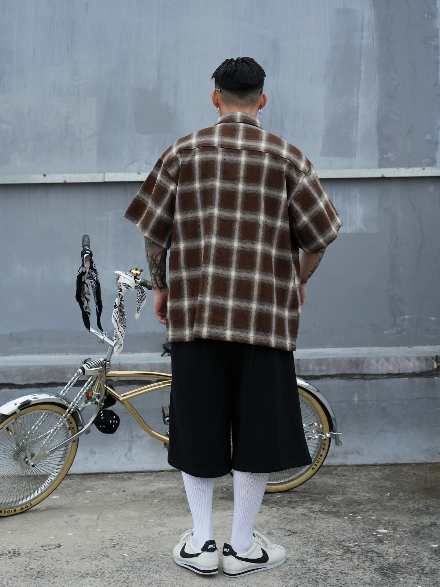 𝔾𝕣𝕠𝕦𝕟𝕕ℤ𝕖𝕣𝕠🎭♠墨西哥♠匪幫⚂2024⚅美式嘻哈寬鬆上衣翻領口袋格紋短袖襯衫