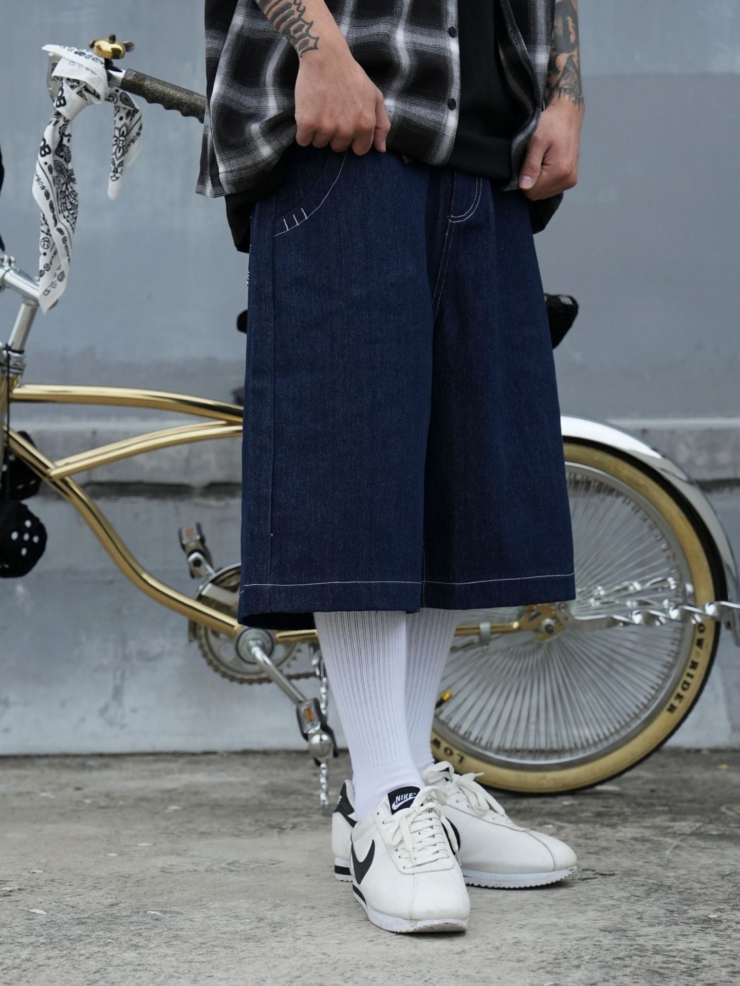 𝔾𝕣𝕠𝕦𝕟𝕕ℤ𝕖𝕣𝕠🎭♠墨西哥♠匪幫⚂2024⚅美式嘻哈寬鬆經典牛仔電繡文字膝下褲七分褲