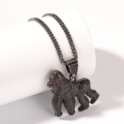 Flexing Boutique 2023✥𝔾𝕣𝕠𝕦𝕟𝕕ℤ𝕖𝕣𝕠®✥ European and American Hip Hop Full Diamond Roaring King Kong Stainless Steel Pendant Necklace Neutral Men and Women Street 