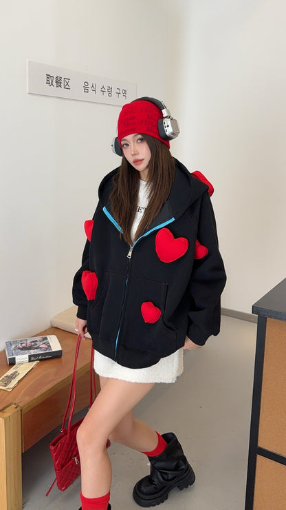 🄶🅁🄾🅄🄽🄳♾🅉🄴🅁🄾25-26SS♾無性別穿搭OverSize美式新款立體愛心連帽長袖夾克外套(現貨優惠)