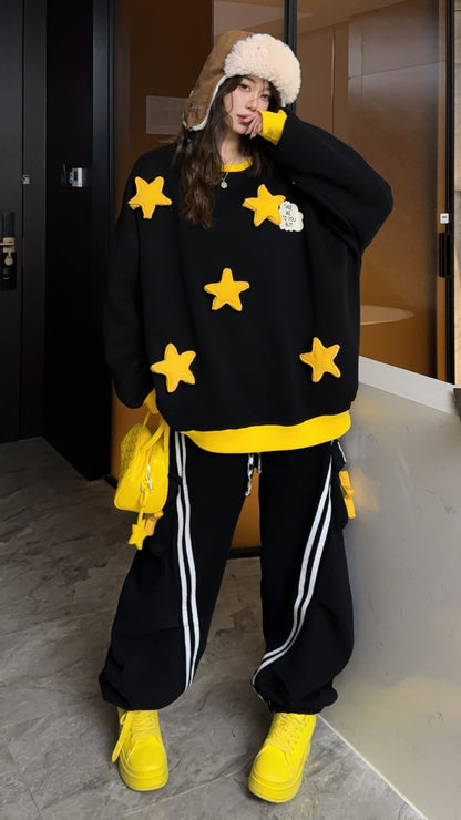 🄶🅁🄾🅄🄽🄳♾🅉🄴🅁🄾25-26SS♾無性別穿搭OverSize美式新款立體星星雙色圓領長袖運動套裝