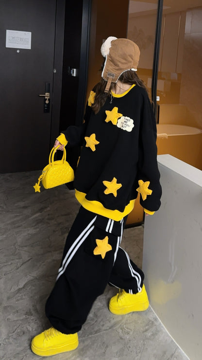 🄶🅁🄾🅄🄽🄳♾🅉🄴🅁🄾25-26SS♾無性別穿搭OverSize美式新款立體星星雙色圓領長袖運動套裝