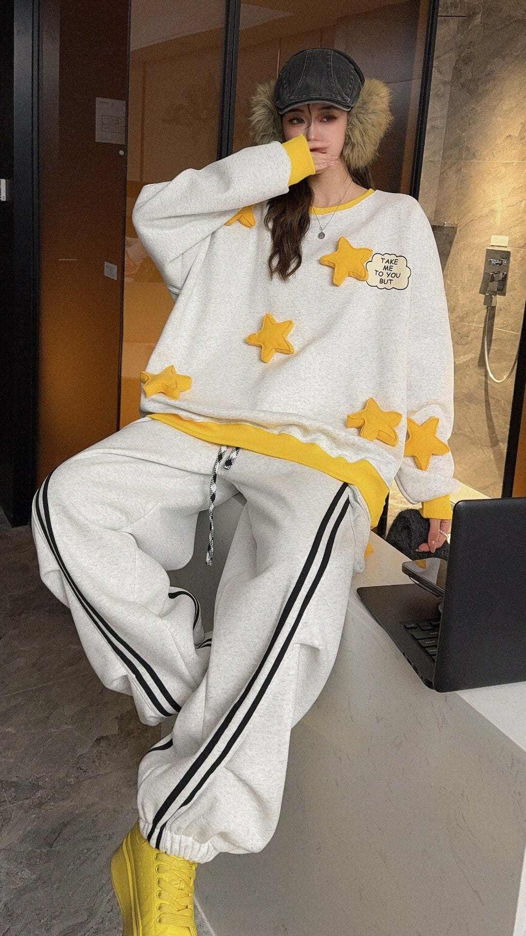 🄶🅁🄾🅄🄽🄳♾🅉🄴🅁🄾25-26SS♾無性別穿搭OverSize美式新款立體星星雙色圓領長袖運動套裝