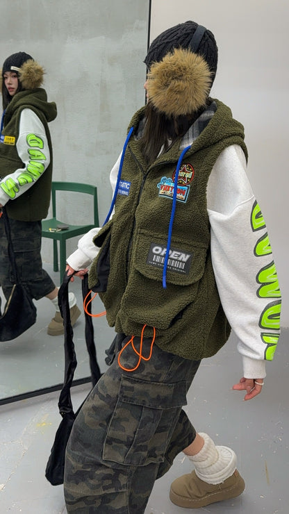 🄶🅁🄾🅄🄽🄳♾🅉🄴🅁🄾25-26SS♾無性別穿搭OverSize美式新款簡約多色洋毛氈連帽拉鍊背心(加厚)🔥(現貨優惠)