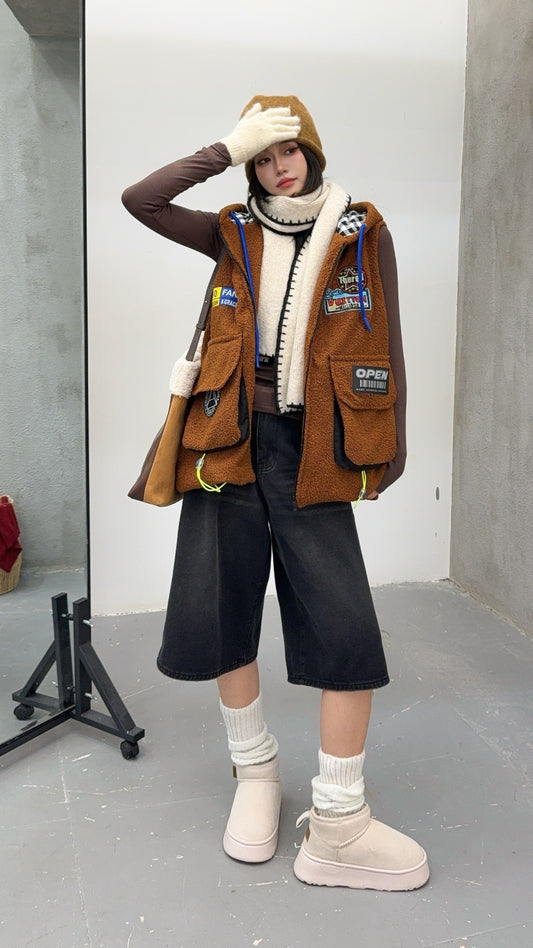 🄶🅁🄾🅄🄽🄳♾🅉🄴🅁🄾25-26SS♾無性別穿搭OverSize美式新款簡約多色洋毛氈連帽拉鍊背心(加厚)🔥(現貨優惠)