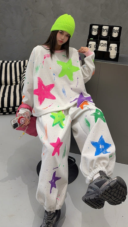 🄶🅁🄾🅄🄽🄳♾🅉🄴🅁🄾25-26SS♾無性別穿搭OverSize美式新款滿版油漆星星圓領長袖運動套裝(加厚加絨)🔥