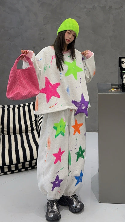🄶🅁🄾🅄🄽🄳♾🅉🄴🅁🄾25-26SS♾無性別穿搭OverSize美式新款滿版油漆星星圓領長袖運動套裝(加厚加絨)🔥