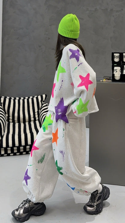 🄶🅁🄾🅄🄽🄳♾🅉🄴🅁🄾25-26SS♾無性別穿搭OverSize美式新款滿版油漆星星圓領長袖運動套裝(加厚加絨)🔥