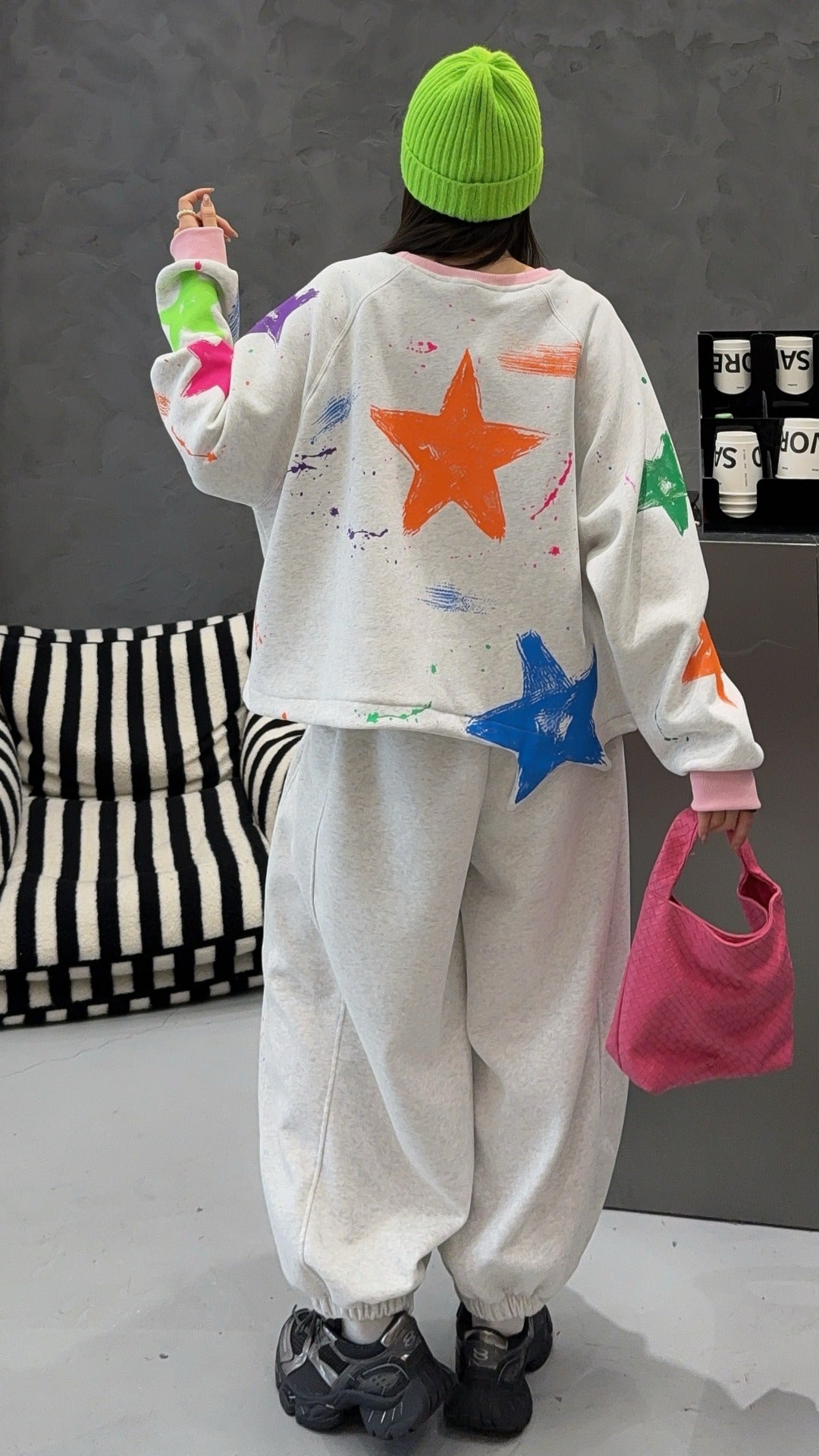 🄶🅁🄾🅄🄽🄳♾🅉🄴🅁🄾25-26SS♾無性別穿搭OverSize美式新款滿版油漆星星圓領長袖運動套裝(加厚加絨)🔥