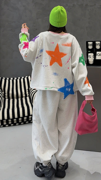 🄶🅁🄾🅄🄽🄳♾🅉🄴🅁🄾25-26SS♾無性別穿搭OverSize美式新款滿版油漆星星圓領長袖運動套裝(加厚加絨)🔥