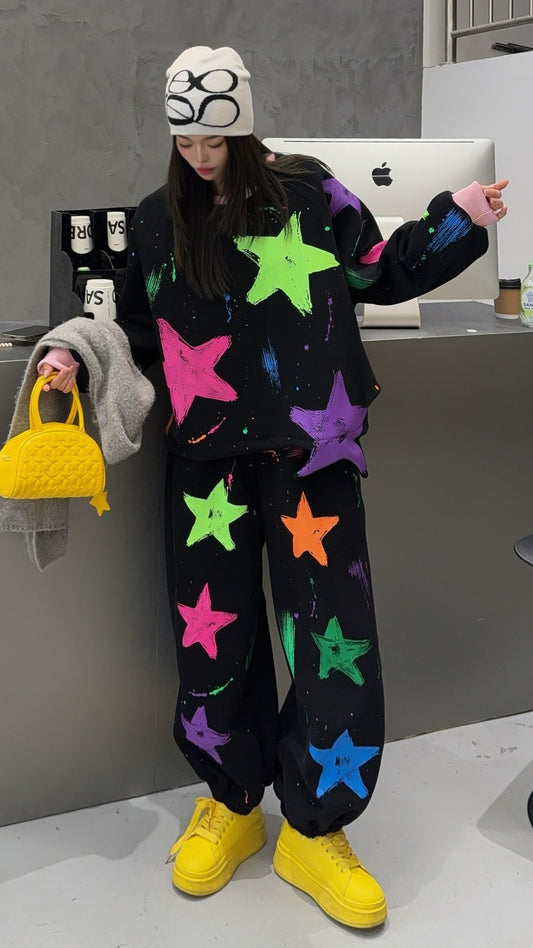 🄶🅁🄾🅄🄽🄳♾🅉🄴🅁🄾25-26SS♾無性別穿搭OverSize美式新款滿版油漆星星圓領長袖運動套裝(加厚加絨)🔥