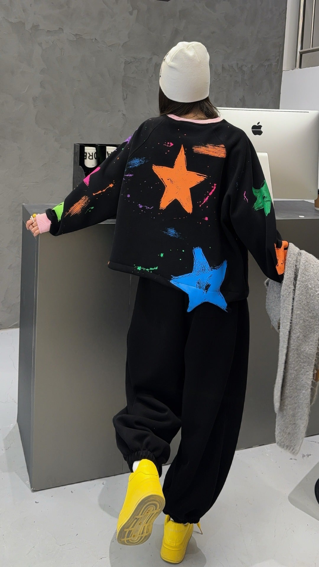 🄶🅁🄾🅄🄽🄳♾🅉🄴🅁🄾25-26SS♾無性別穿搭OverSize美式新款滿版油漆星星圓領長袖運動套裝(加厚加絨)🔥