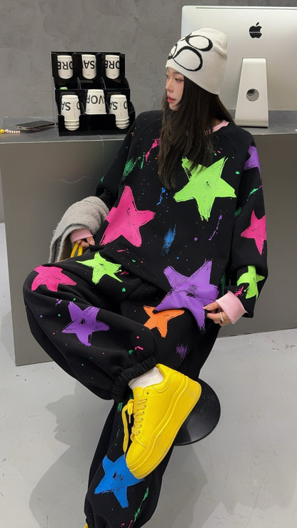 🄶🅁🄾🅄🄽🄳♾🅉🄴🅁🄾25-26SS♾無性別穿搭OverSize美式新款滿版油漆星星圓領長袖運動套裝(加厚加絨)🔥