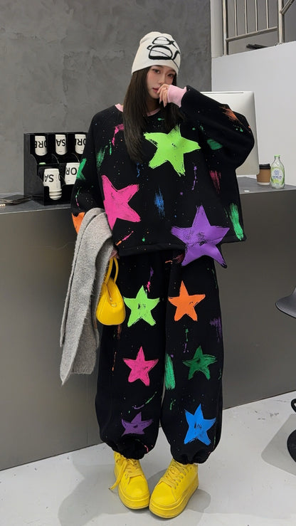 🄶🅁🄾🅄🄽🄳♾🅉🄴🅁🄾25-26SS♾無性別穿搭OverSize美式新款滿版油漆星星圓領長袖運動套裝(加厚加絨)🔥