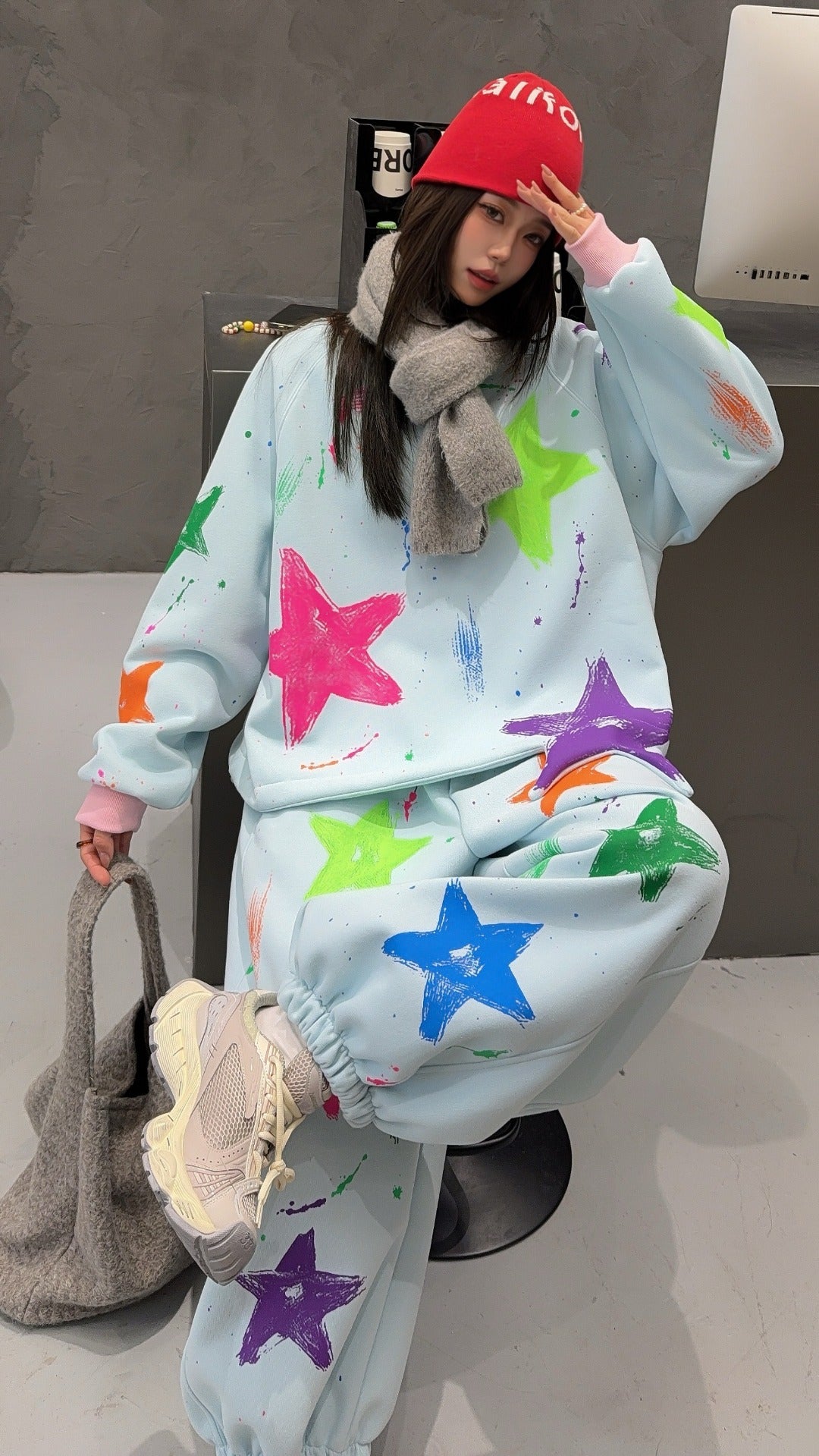 🄶🅁🄾🅄🄽🄳♾🅉🄴🅁🄾25-26SS♾無性別穿搭OverSize美式新款滿版油漆星星圓領長袖運動套裝(加厚加絨)🔥