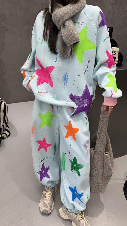 🄶🅁🄾🅄🄽🄳♾🅉🄴🅁🄾25-26SS♾無性別穿搭OverSize美式新款滿版油漆星星圓領長袖運動套裝(加厚加絨)🔥