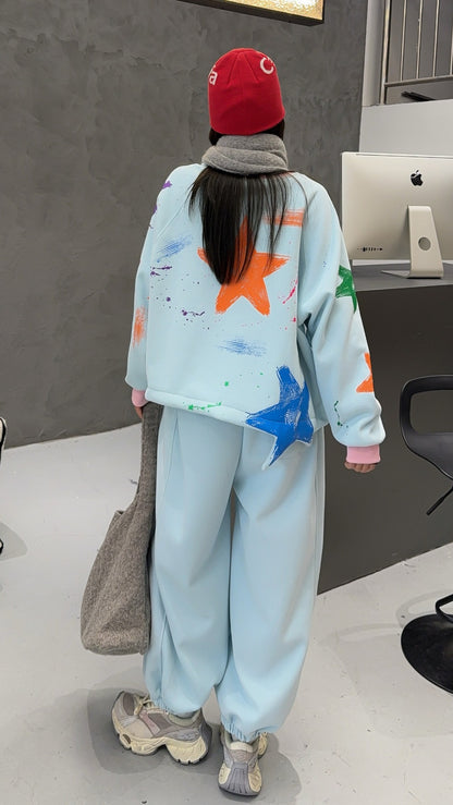 🄶🅁🄾🅄🄽🄳♾🅉🄴🅁🄾25-26SS♾無性別穿搭OverSize美式新款滿版油漆星星圓領長袖運動套裝(加厚加絨)🔥