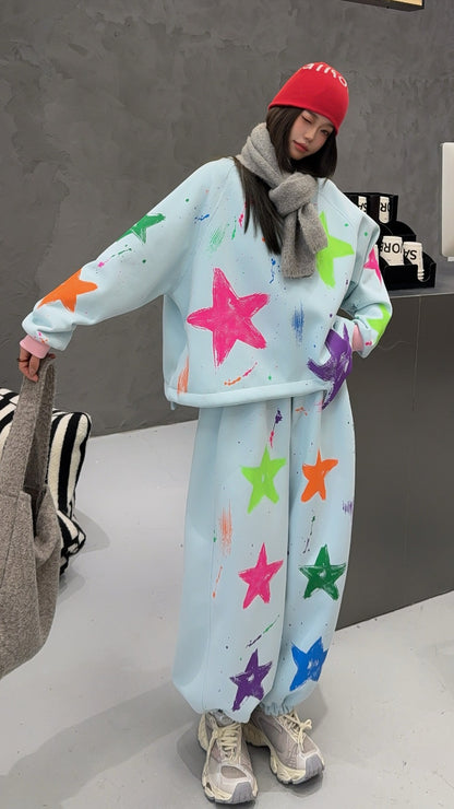 🄶🅁🄾🅄🄽🄳♾🅉🄴🅁🄾25-26SS♾無性別穿搭OverSize美式新款滿版油漆星星圓領長袖運動套裝(加厚加絨)🔥