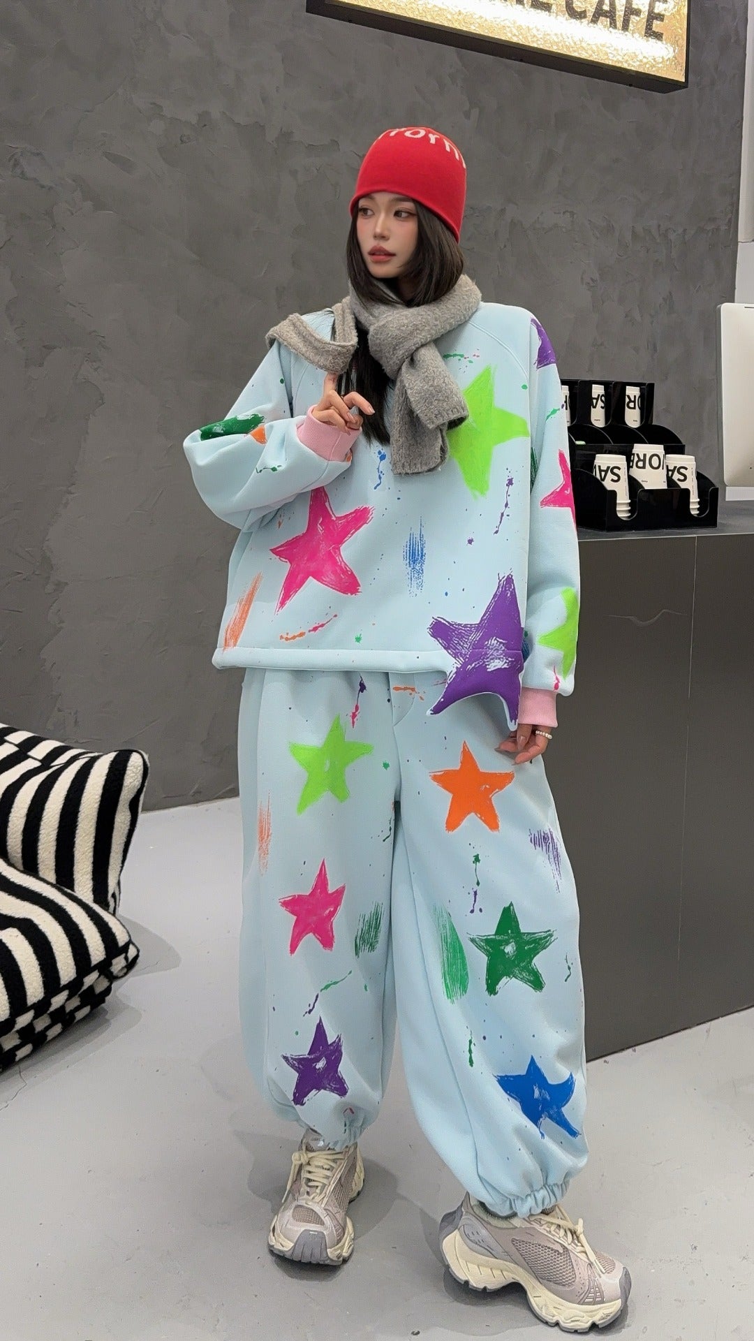 🄶🅁🄾🅄🄽🄳♾🅉🄴🅁🄾25-26SS♾無性別穿搭OverSize美式新款滿版油漆星星圓領長袖運動套裝(加厚加絨)🔥