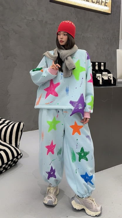 🄶🅁🄾🅄🄽🄳♾🅉🄴🅁🄾25-26SS♾無性別穿搭OverSize美式新款滿版油漆星星圓領長袖運動套裝(加厚加絨)🔥