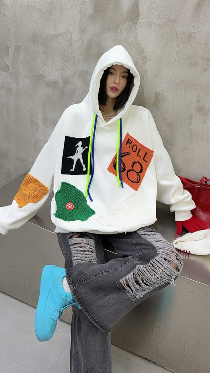 🄶🅁🄾🅄🄽🄳♾🅉🄴🅁🄾25-26SS♾無性別穿搭OverSize美式新款寬鬆拼布補丁連帽長袖T-SHIRT(加厚加絨)🔥