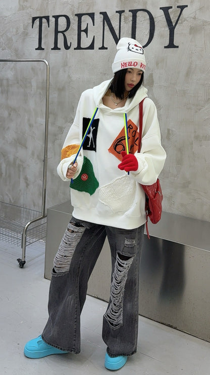 🄶🅁🄾🅄🄽🄳♾🅉🄴🅁🄾25-26SS♾無性別穿搭OverSize美式新款寬鬆拼布補丁連帽長袖T-SHIRT(加厚加絨)🔥