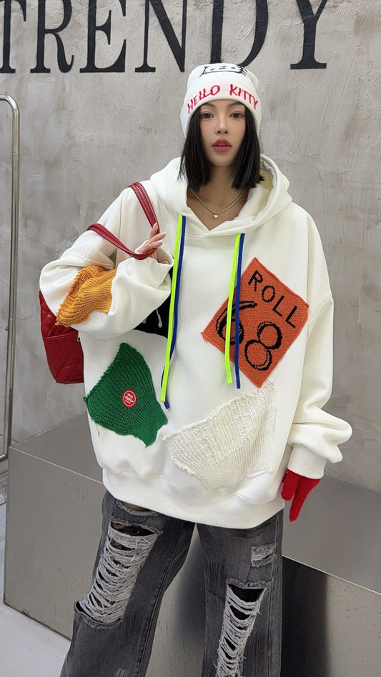 🄶🅁🄾🅄🄽🄳♾🅉🄴🅁🄾25-26SS♾無性別穿搭OverSize美式新款寬鬆拼布補丁連帽長袖T-SHIRT(加厚加絨)🔥