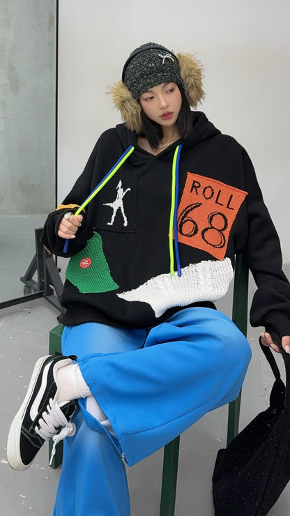 🄶🅁🄾🅄🄽🄳♾🅉🄴🅁🄾25-26SS♾無性別穿搭OverSize美式新款寬鬆拼布補丁連帽長袖T-SHIRT(加厚加絨)🔥