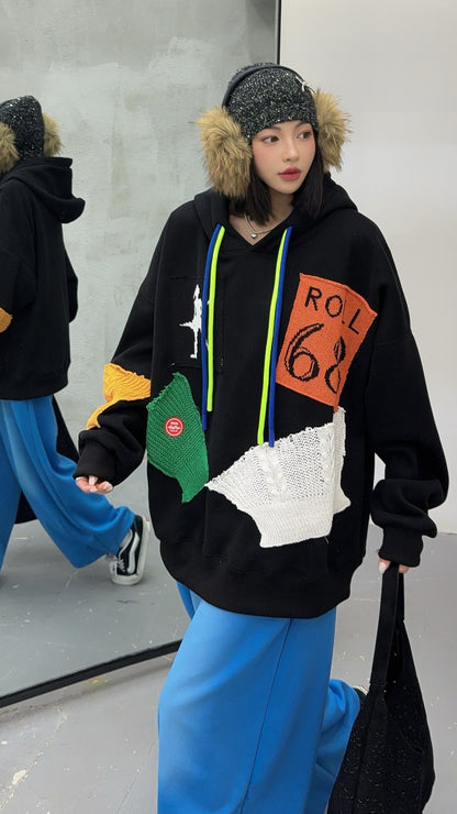 🄶🅁🄾🅄🄽🄳♾🅉🄴🅁🄾25-26SS♾無性別穿搭OverSize美式新款寬鬆拼布補丁連帽長袖T-SHIRT(加厚加絨)🔥