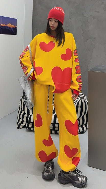 🄶🅁🄾🅄🄽🄳♾🅉🄴🅁🄾25-26SS♾無性別穿搭OverSize美式新款滿版油漆心心圓領長袖運動4色套裝(加厚加絨)🔥