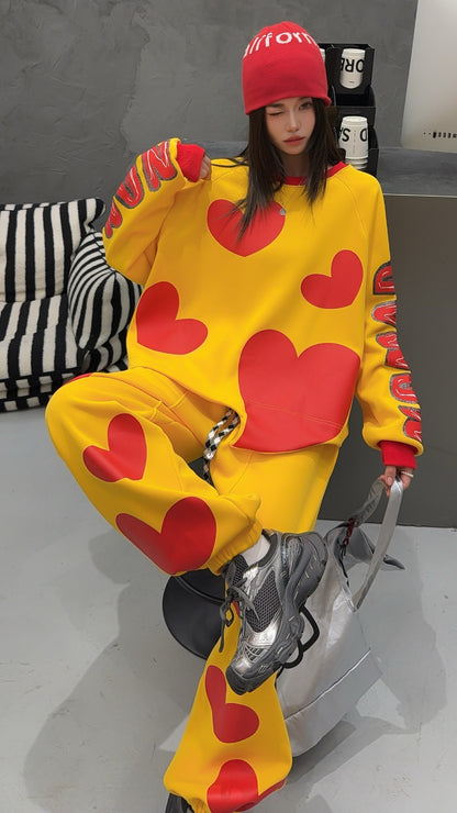 🄶🅁🄾🅄🄽🄳♾🅉🄴🅁🄾25-26SS♾無性別穿搭OverSize美式新款滿版油漆心心圓領長袖運動4色套裝(加厚加絨)🔥
