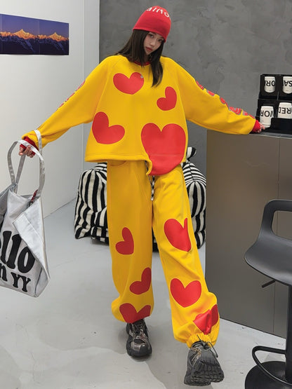 🄶🅁🄾🅄🄽🄳♾🅉🄴🅁🄾25-26SS♾無性別穿搭OverSize美式新款滿版油漆心心圓領長袖運動4色套裝(加厚加絨)🔥