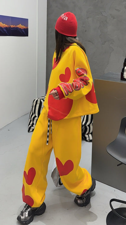 🄶🅁🄾🅄🄽🄳♾🅉🄴🅁🄾25-26SS♾無性別穿搭OverSize美式新款滿版油漆心心圓領長袖運動4色套裝(加厚加絨)🔥