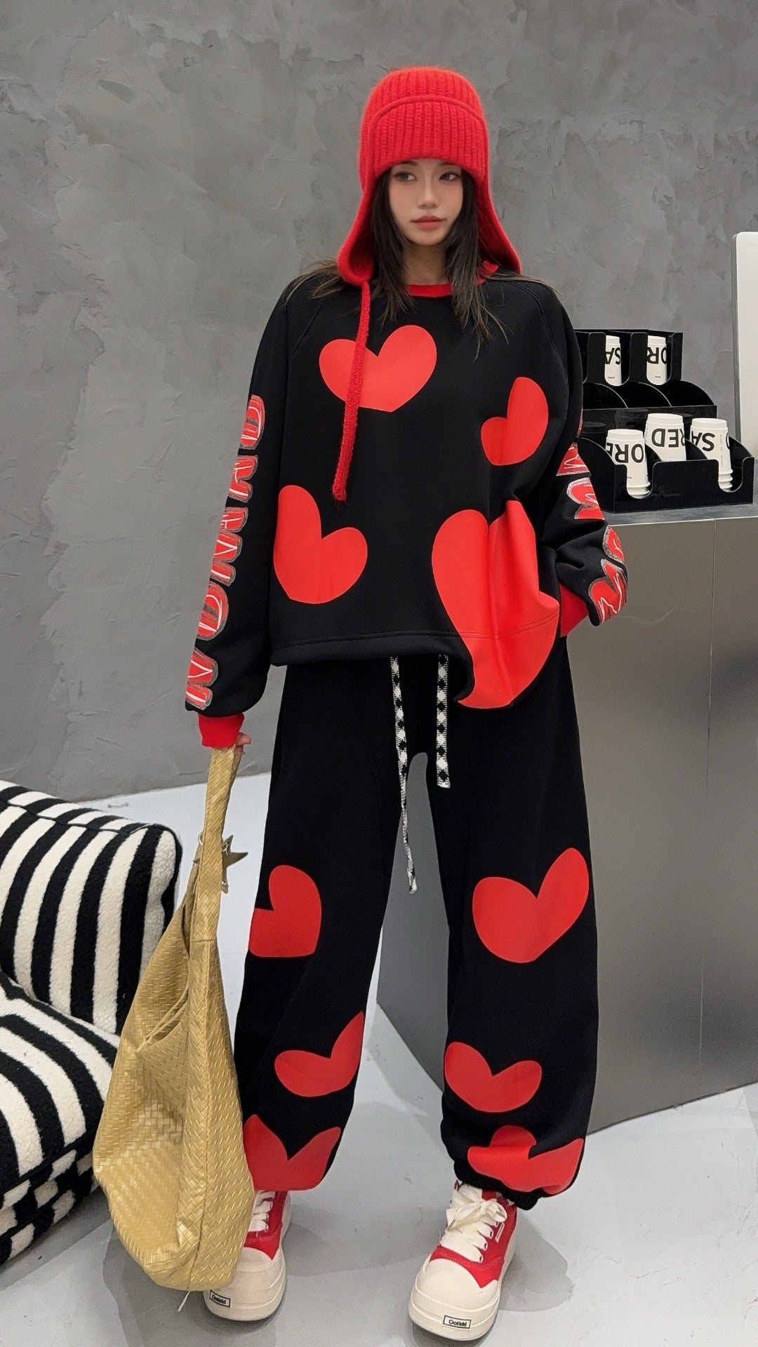 🄶🅁🄾🅄🄽🄳♾🅉🄴🅁🄾25-26SS♾無性別穿搭OverSize美式新款滿版油漆心心圓領長袖運動4色套裝(加厚加絨)🔥