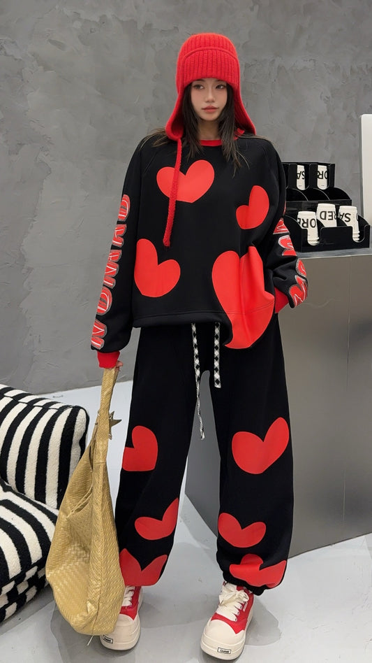 🄶🅁🄾🅄🄽🄳♾🅉🄴🅁🄾25-26SS♾無性別穿搭OverSize美式新款滿版油漆心心圓領長袖運動4色套裝(加厚加絨)🔥