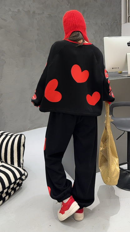 🄶🅁🄾🅄🄽🄳♾🅉🄴🅁🄾25-26SS♾無性別穿搭OverSize美式新款滿版油漆心心圓領長袖運動4色套裝(加厚加絨)🔥