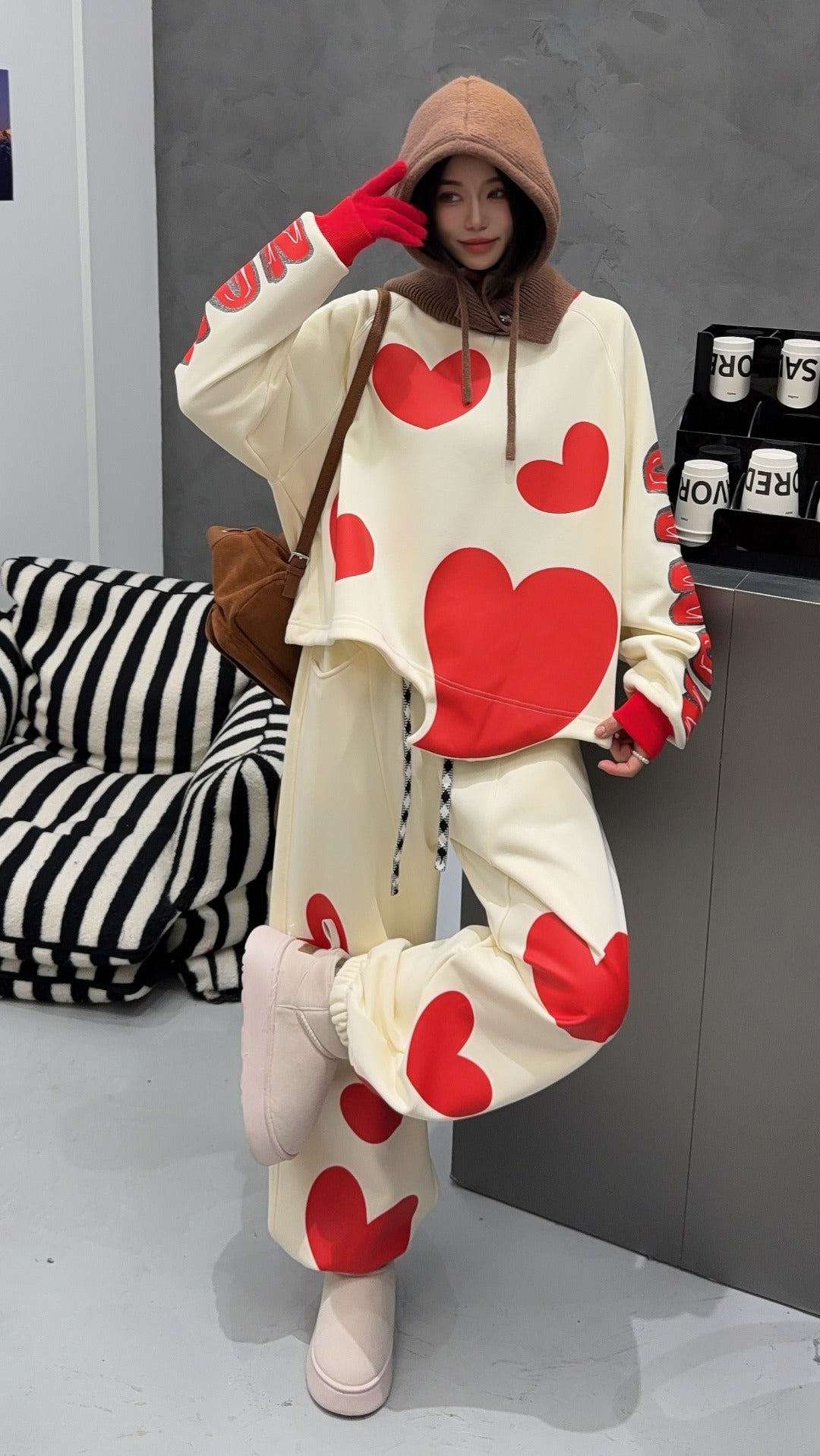 🄶🅁🄾🅄🄽🄳♾🅉🄴🅁🄾25-26SS♾無性別穿搭OverSize美式新款滿版油漆心心圓領長袖運動4色套裝(加厚加絨)🔥