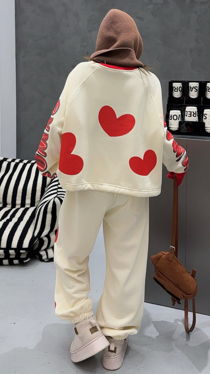 🄶🅁🄾🅄🄽🄳♾🅉🄴🅁🄾25-26SS♾無性別穿搭OverSize美式新款滿版油漆心心圓領長袖運動4色套裝(加厚加絨)🔥